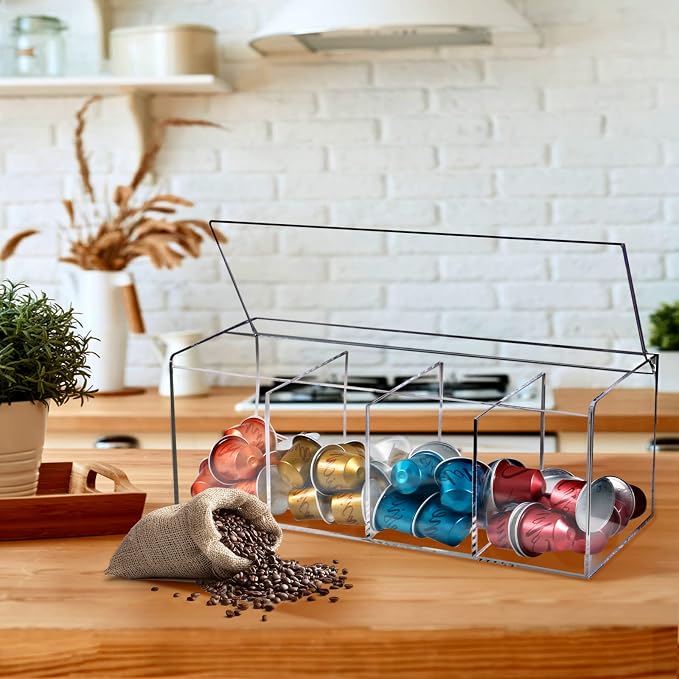 Coffee Pod Holder, Organizer for K Cup, Storage for Coffee Station Counter, Compatible with Nespresso Capsule& Keurig Pods, Coffee Bar Accessories, Acrylic 4 Compartment with Lid - Clear - Image 7