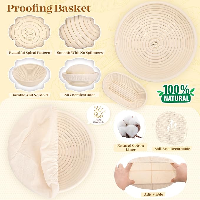Sourdough Starter Kit Complete Set with Tools, Proofing Baskets, Jars | Pink, 9" Round & 10" Oval Baskets, Sourdough Bread Baking Supplies, Sour dough Beginner Kit Gifts for Bakers Women Wife Mom - Image 5