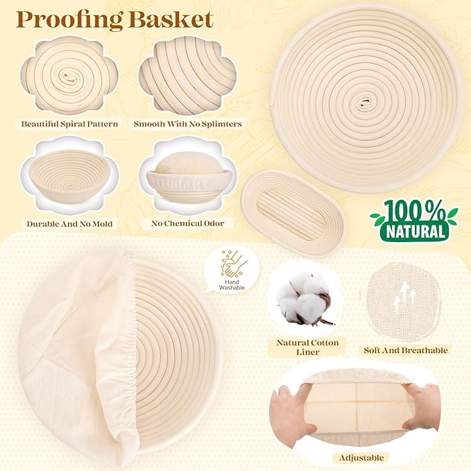 Sourdough Starter Kit Complete Set with Tools, Proofing Baskets, Jars | Pink, 9" Round & 10" Oval Baskets, Sourdough Bread Baking Supplies, Sour dough Beginner Kit Gifts for Bakers Women Wife Mom - Image 5
