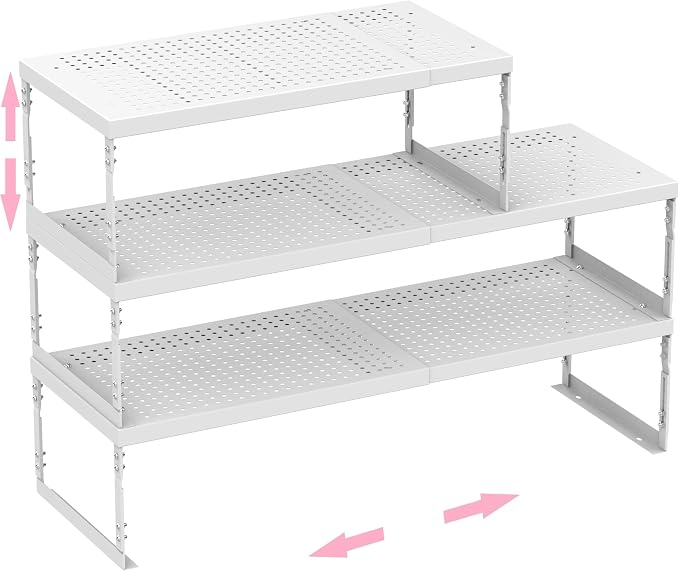 Stackable Expandable Metal Shelf Organizer - Adjustable Wire Storage Rack with Holes for Kitchen, Bathroom, Cabinet, Office - Space Saving, Durable & Sturdy Design（3PACKS/Medium/White by HOMEPAGE