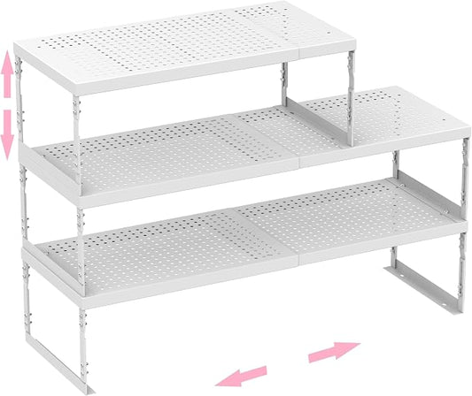 Stackable Expandable Metal Shelf Organizer - Adjustable Wire Storage Rack with Holes for Kitchen, Bathroom, Cabinet, Office - Space Saving, Durable & Sturdy Design（3PACKS/Medium/White by HOMEPAGE