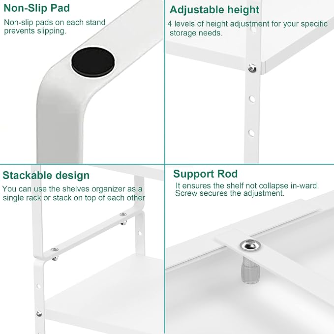 Expandable Cabinet Storage Shelf Organizer Rack, Heavy Duty Cupboard Stand Spice Rack Adjustable Height Garage Pantry Shelf Space Riser for Counter Kitchen Organization, White, 2 Pack - Image 6