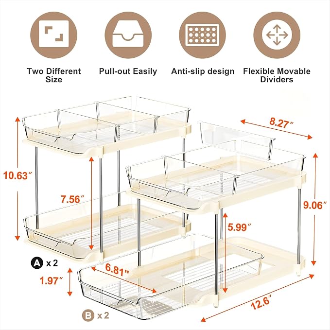 Delamu 2-Tier Multi-Purpose Bathroom Under Sink Organizers and Storage, Stackable Kitchen Pantry Organization, Pull Out Medicine Cabinet Organizer with Movable Dividers, Beige, 4 Pack - Image 2
