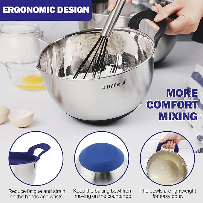 Hillbond Mixing Bowls with BPA Free Airtight Lids Stainless Steel Nesting Bowls with Pour Spout, Silicone Handle Non-Slip Bottoms for Baking, Dishwasher Safe Metal Bowls, 1.5, 3, 5 QT (Blue) | BPA Free Airtight Lids, Nesting Bowls with Pour Spout, Sili... - Image 2