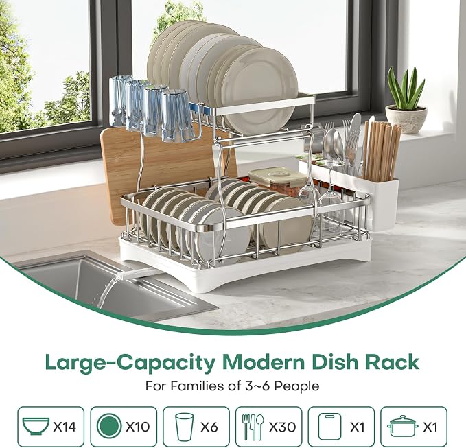 2 Tier Dish Drying Rack,Stainless Steel Dish Rack For Storing Knife Fork Pots&Pans,Dish Drying Rack With Drain Tray For Kitchen Countertops/Sinks,Silver Tiered Dish Rack With Retractable Drain Outlet - Image 2
