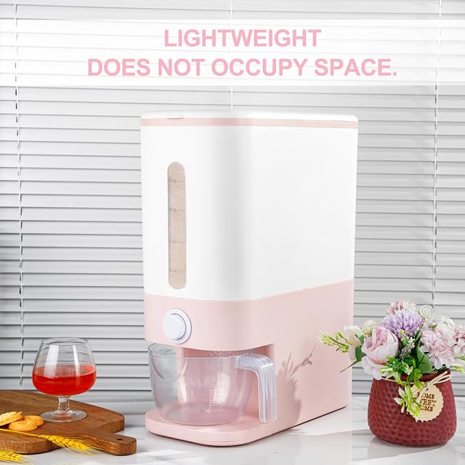 Rubtlamp 22.5-25 Lbs Pink Rice Dispenser, Rice Storage Container, Pink Rice Storage Container with Measuring Cup, Rice Holder Bucket for Household Kitchen Rice Soybean Corn - Image 6