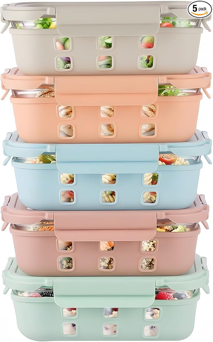Glass Meal Prep Containers 5 Pack, 4.4 Cup Airtight Leakproof Lids, Borosilicate Glass Food Storage Containers, Microwave Oven Freezer Safe, BPA Free Lunch Containers by GENICOOK