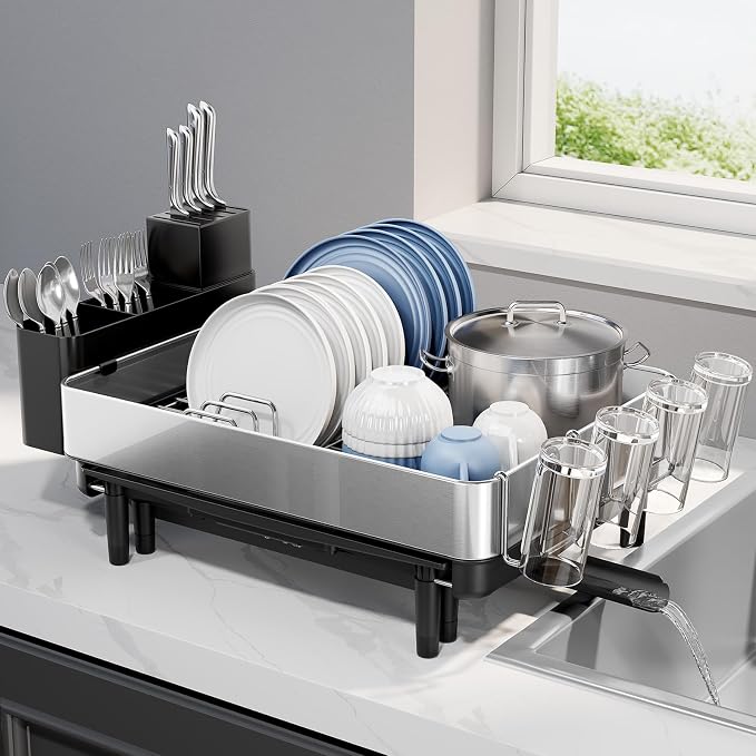 Urackify Expandable Dish Drying Rack, Stainless Steel, Large Capacity | Multifunctional Drainboard for Kitchen Countertop, Removable Cutlery Tray, Foldable Cup Holder, 20.4"L x 20"W, Silver - Image 8