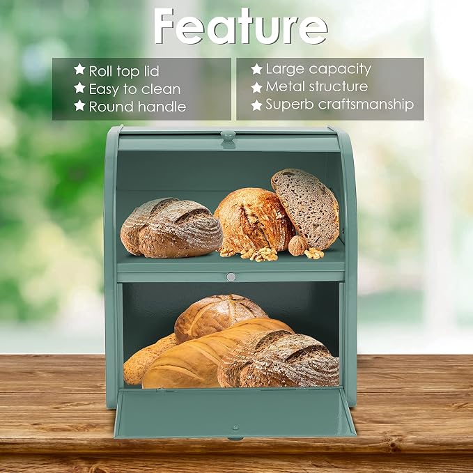 Stainless Steel Bread Box, 2 Layer Roll Top Bread Boxes, Large Capacity Food Storage Container for Kitchen Counter, Metal Bread Bin, Bread Holder for Countertop 11.8" x 9.6" x 12.8" (Green) - Image 2