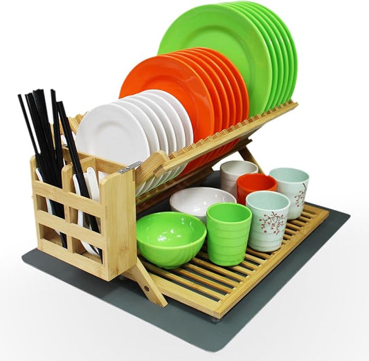YZHDUXIU Bamboo Dish Drying Rack with Utensil Holder, 3 Tier Collapsible Dish Rack, Large Dish Racks for Kitchen Counter, Wooden Folding Dish Drainer with Dish Drying Mat (3 Tier (with Drying Mat)) by Yzhduxiu