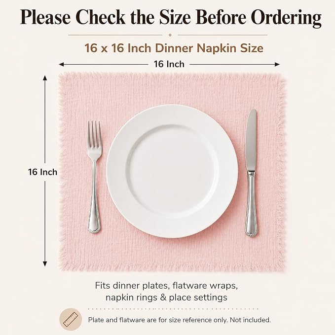 50 Pack Pink Cloth Napkins, 16 x 16 Inch Cotton with Fringe Settings | Handmade washable reusable cotton dinner napkins in bulk for weddings, parties, rustic boho table settings - Image 2