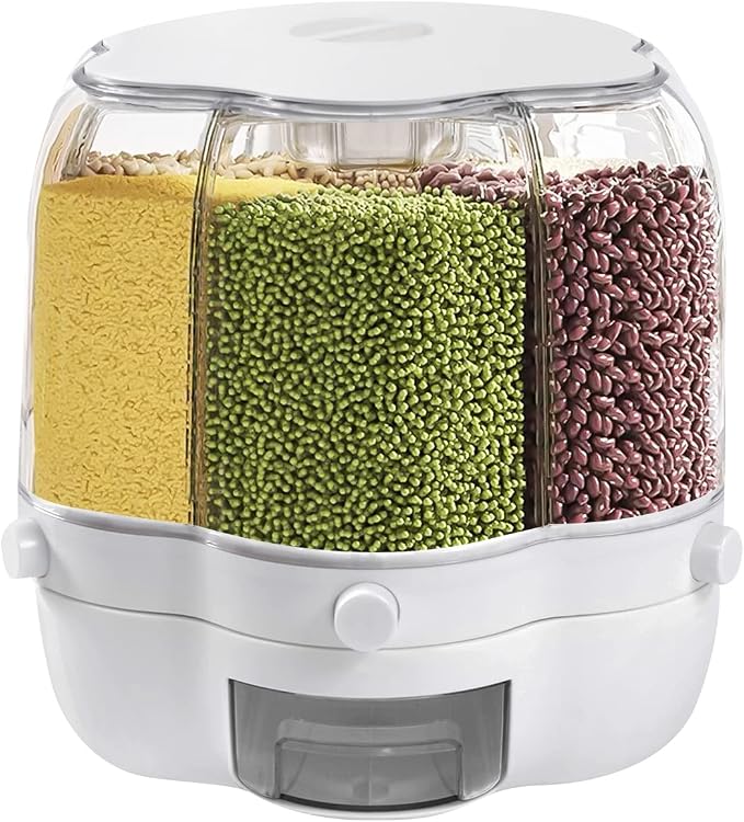 360° Rotating Grain Dispenser With 6 Grids, 13.2lbs Large Capacity Grain Dispenser Rotating Kitchen Storage Containers With Sealed Lid For Peanut Barley Millet And Cereal (White, 17.6 lbs) by Unknown