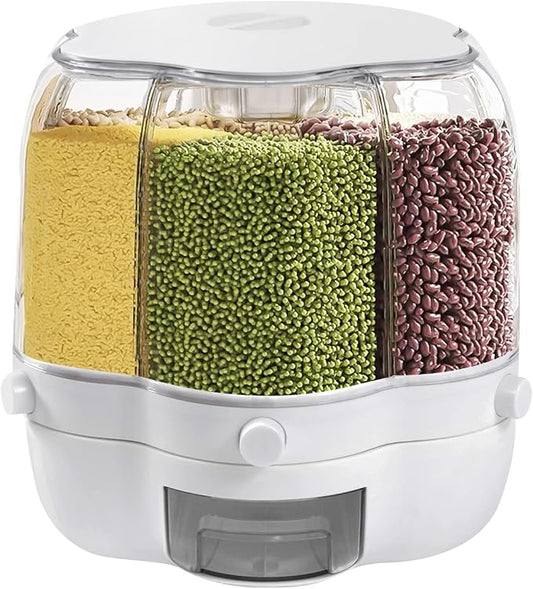 360° Rotating Grain Dispenser With 6 Grids, 13.2lbs Large Capacity Grain Dispenser Rotating Kitchen Storage Containers With Sealed Lid For Peanut Barley Millet And Cereal (White, 17.6 lbs) by Unknown