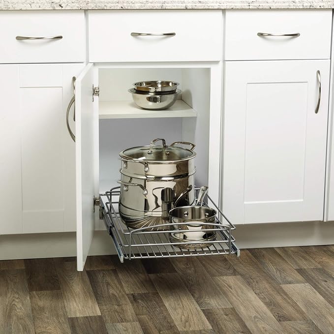 Knape & Vogt RS-MUB-14-FN 5 in. H x 15 in. W x 20 in. D Multi-Use Basket Silver Pull Out Cabinet Organizer, Frosted Nickel - Image 9