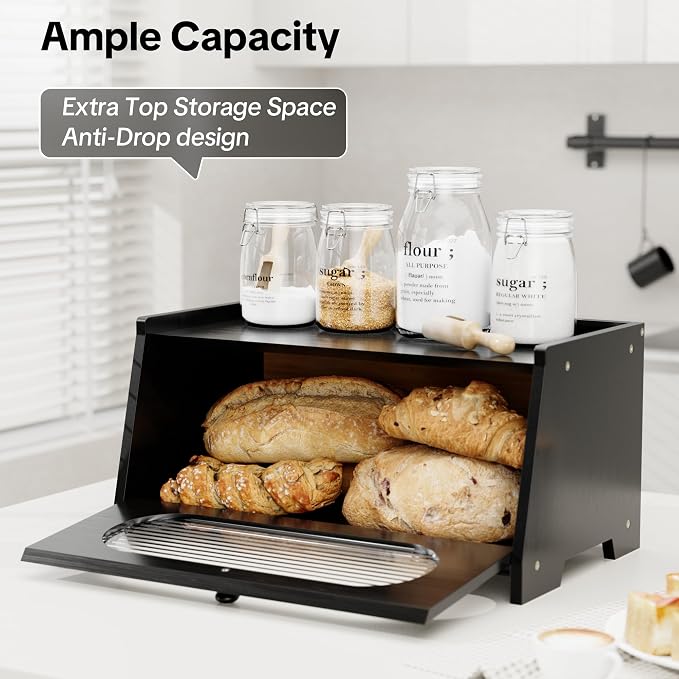 Black Bread Box for Kitchen Countertop,Large Capacity Kitchen Countertop Organizer,Bread Storage with Acrylic Window for Cabinet,Pantry,Cupboard - Image 2