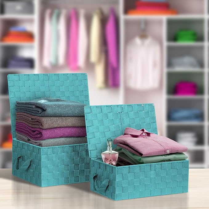 Sorbus Set of 3 Hand-Woven Storage Baskets with Lids (Aqua) – Mesh Bins for Closet, Shelf, or Pantry Organization – Variety Pack for Home and Office Storage - Image 3
