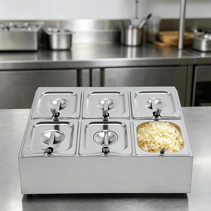 Telescoping Pizza Topping Station Condiment Container Food Prep Holder | 6 Pans & 6* Spoons Stainless Steel Container Set Ingredients Holder Spice Organizer Rack for Kitchen Pizza Oven Accessories - Image 5