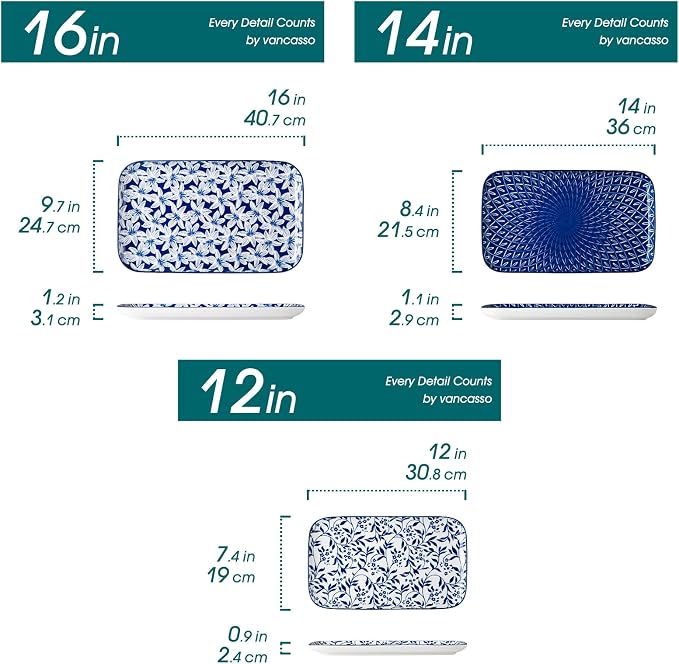 vancasso Serving Platters Set of 3, 16"/14"/12" Inch Rectangular Trays + Ceramic Mixing Bowls with Lids Set of 4,Ceramic Serving Bowls,Nesting Bowls for Food Storage - Image 5