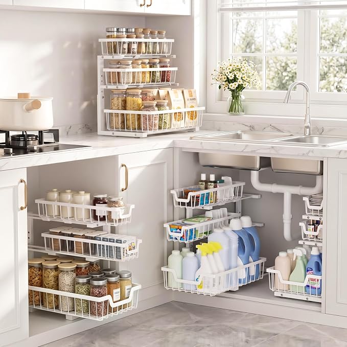 Under Sink Organizer, 2-Pack 3-Tier Height Adjustable Thickened Metal Pull out Cabinet Organizer Shelf, Slide out Storage Drawer Rack for Bathroom Kitchen Pantry Home Laundry Organization (White) - Image 5