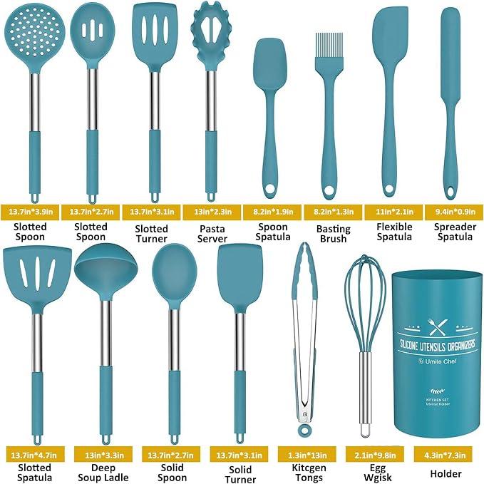 15 Pcs Silicone Cooking Utensils Kitchen Utensil Set - Umite Chef 446°F Heat Resistant Stainless Steel Handles Kitchen Gadgets Tools Set for Nonstick Cookware(Blue) - Image 2