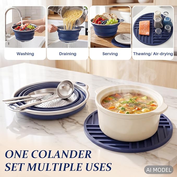 Collapsible Colander Set with Silicone Mat,2-in-1 Stainless Steel Colander for Kitchen, Foldable Metal Colander, Space-Saving for Pasta Veggies Fruit(NAVY BLUE) - Image 5
