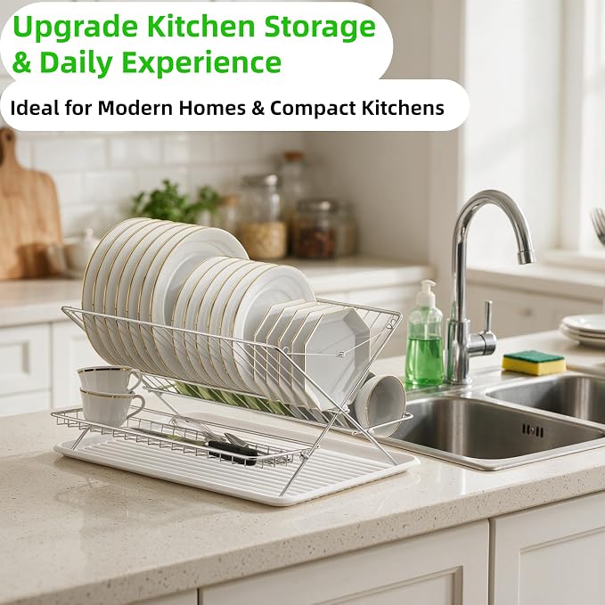 Stainless Steel Foldable Dish Drying Rack, 3 Tier Large Capacity Collapsible Folding Dish Drainer with Drainboard for Kitchen Counter (Upgraded) - Image 3