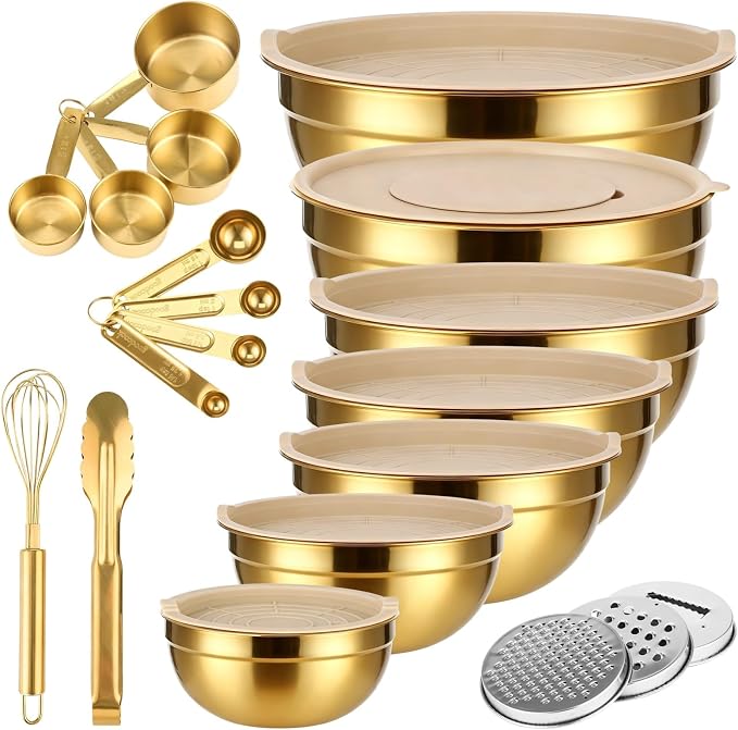 20 PCS Gold Mixing Bowls with Lids Set - 7 Mixing Bowls with 3 Graters, 8 Measuring Spoons, 1 Whisk, and 1 Food Tong, Nesting Bowl Set for Baking, Cooking, Meal Prep by Tideme