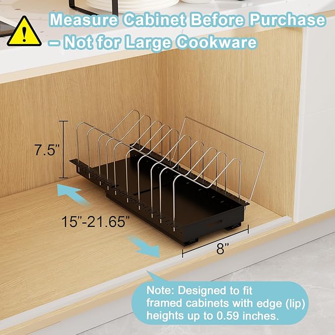Pots and Pans Organizer Under Cabinet - 22" Deep Expandable | Pot Organizers inside Cabinet with 10 Adjustable Dividers & Handrail, No Drill Pot Lid Holder, Sliding Pot Lid Holder, 1 Pack - Image 5