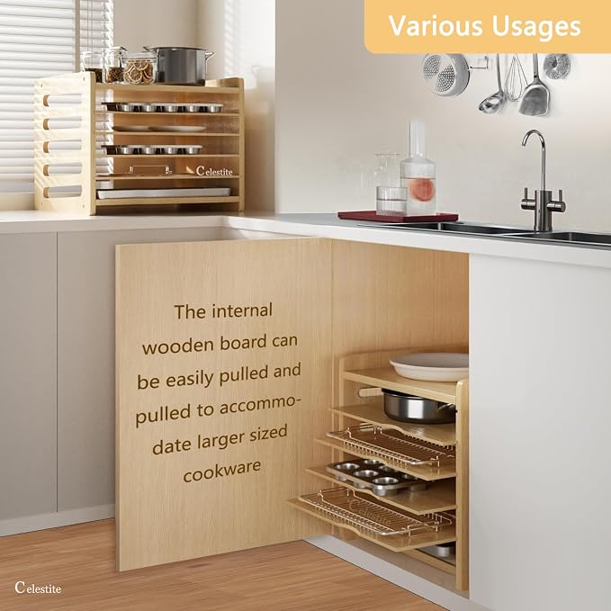 celestite Wooden Tray Dividers for Cabinets, Cookie Sheet Organizer for Cabinet, Baking Sheet Pan Organizer for Kitchen Organizers and Storage (6 Tier 12.4" Wx14.1 Hx16.7 D) - Image 5