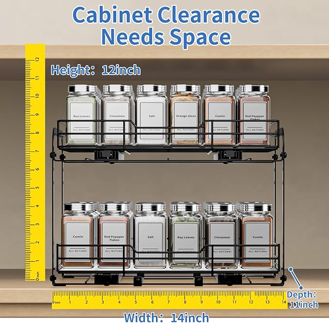 BOIVSHI 2-Tier Pull Out Spice Rack, Spice Rack Organizer, Pull Out Spice Racks for Inside Cabinets, Height Adjustable Heavy Duty Metal Basket for Inside Cabinet & Pantry (13.5''Wx10.5''Dx9.5''H) - Image 4