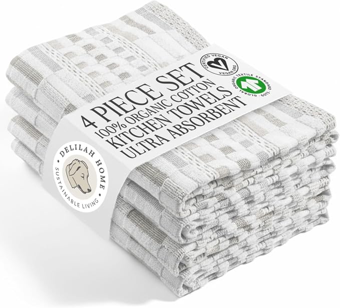 Sea Pines Kitchen Towels, Pack of 4 - White-Beige | Super Soft and Comfy, Organic Cotton Material, Kitchen Cloth Napkins, for Drying, Wiping, or Cleaning, at Home & Kitchen by DelilahHome