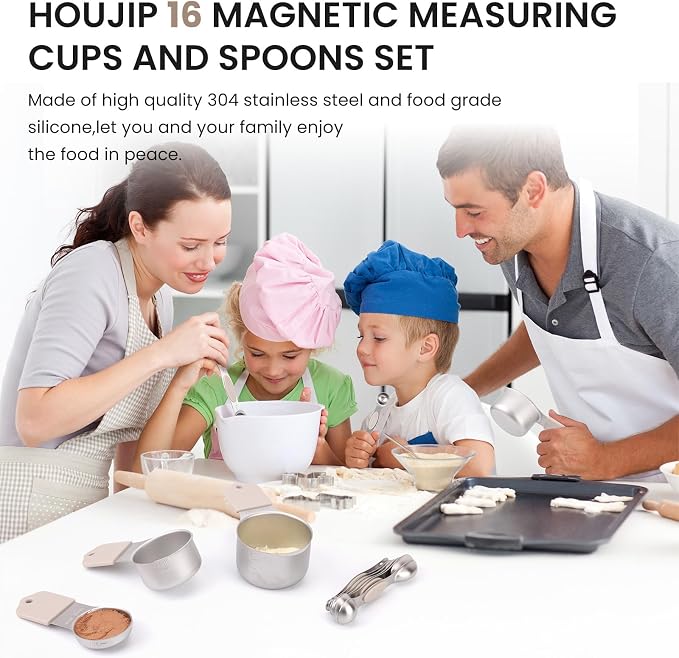 Magnetic Measuring Cups and Spoons Set-Heavy Duty 304 Stainless Steel，Double Measurement Markings，Set of 16 with Leveler for Measure Dry and Liquid Ingredients (khaki) - Image 3