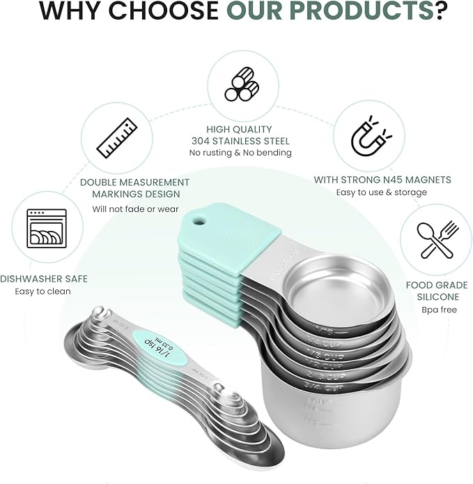 Magnetic Measuring Cups and Spoons Set-Heavy Duty 304 Stainless Steel，Double Measurement Markings，Set of 16 with Leveler for Measure Dry and Liquid Ingredients (Mint) - Image 2