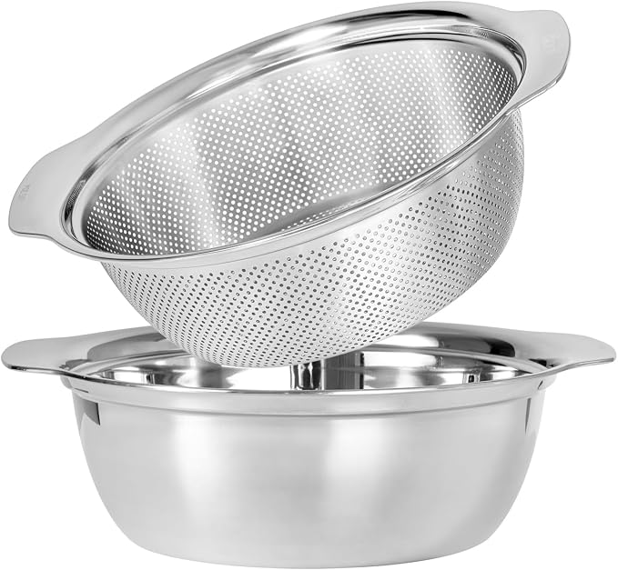 Paoli 304 Stainless Steel Fine Mesh Colander Set, 5QT Large Capacity Strainer with Mixing Bowl — Rinse Fruits, Veggies, Rice & Drain Pasta, Dishwasher Safe (2-Piece) by Paoli