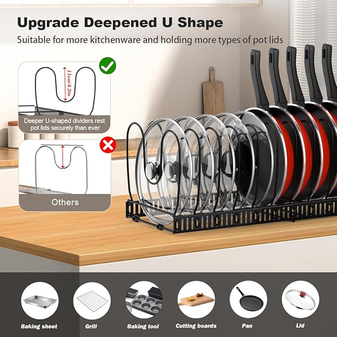 Housolution 2 Pack Pot and Pan Lid Organizer Holder Storage Rack, Black | 12"-23" Expandable, 14 Adjustable Dividers, Sturdy Metal Construction, Easy Assembly - Image 2