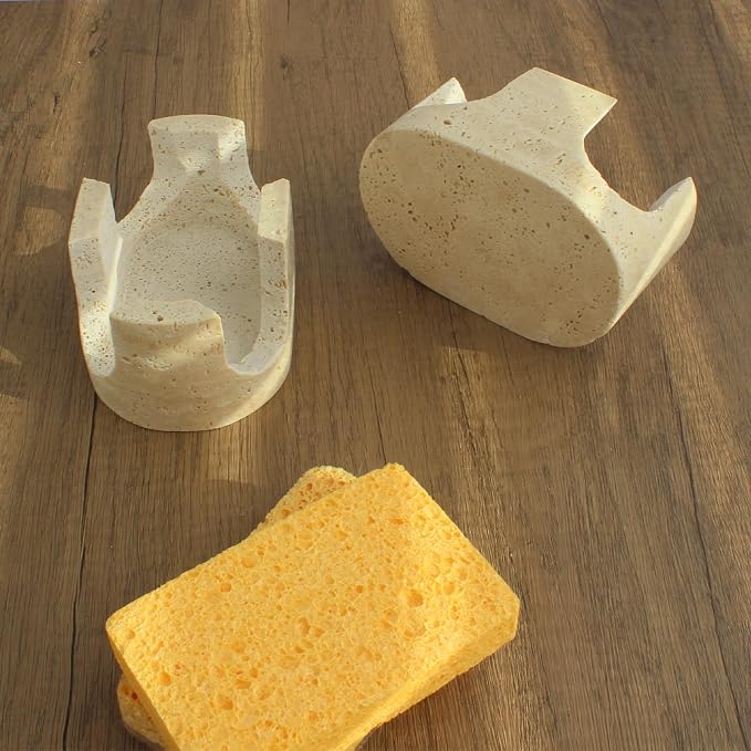 Natural Travertine Marble 2-Slot Sponge Holder for Kitchen Counter, 2-in-1 Stone Drying Rack, Sponge Caddy for Sink Organizer - Beige Travertine - Image 5