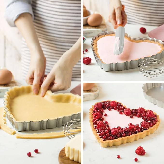 Decora 0075056 Nonstick Steel Fluted Heart Tart Pan 9.8 Inch x 9.1 Inch x 1.2 Inch High with Loose Removable Bottom, for Easy Demolding, Professional Design Registered, Patented - Image 3