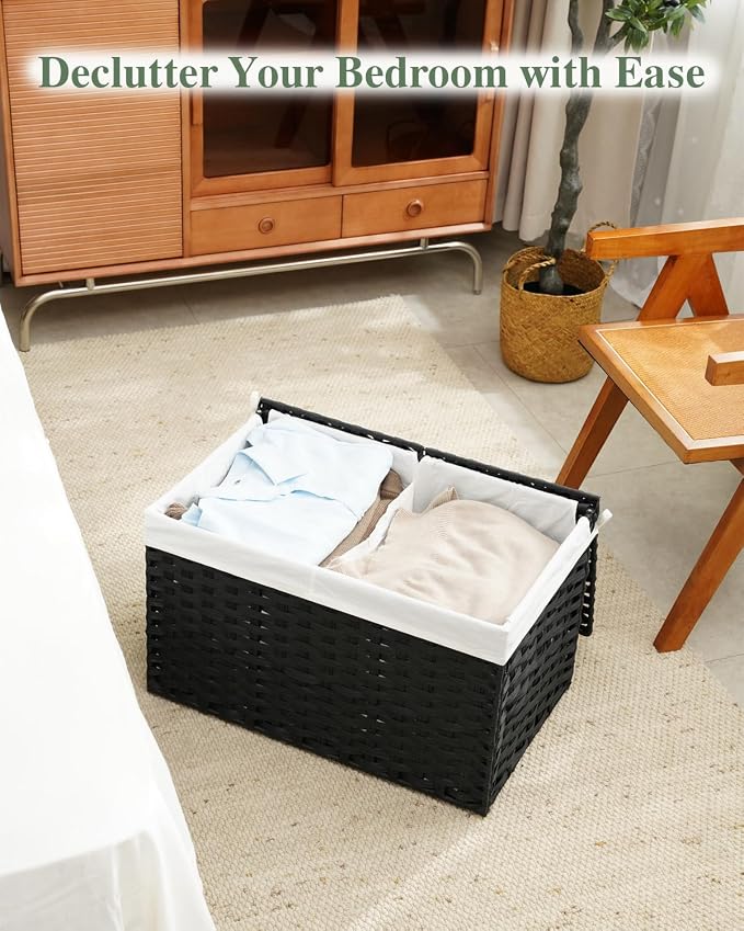 SETVSON Storage Basket with Lid PE Rattan Storage Basket 105L, Black | 27.8 Gallon Storage Bin with 2 Separate Lids, 2 Removable Liners for Clothes & Blankets, Sturdy Metal Frame, PE Rattan - Image 8