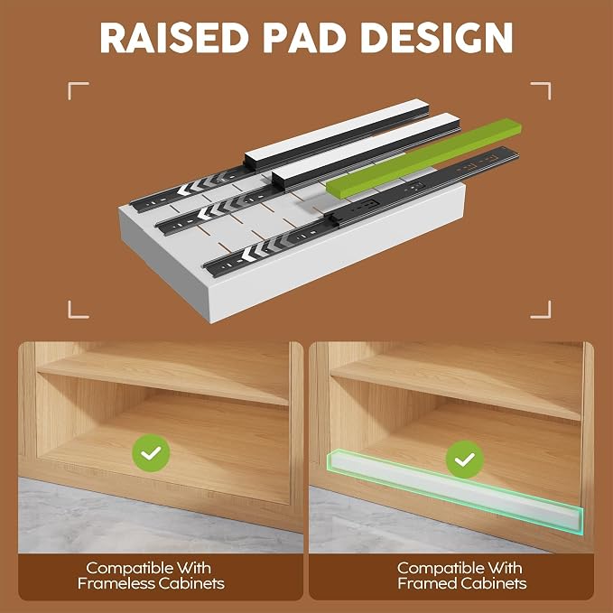 Seinloes 2 Pack Expandable (9"-14") Pull Out Cabinet Organizer 21" Deep With Raising Pad for Framed Cabinets,Upgrade 3 Slide Rails Slide Out Drawers,No Drill Roll Out Shelves Adhesive,White - Image 2