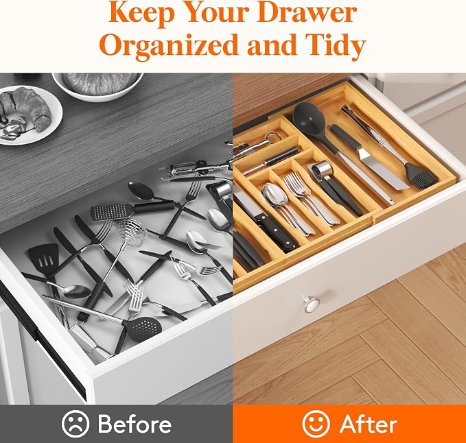 Lifewit Large Silverware Drawer Organizer, Bamboo Utensil Tray for Kitchen | Expandable 21.4 to 36 Inches Wide, Adjustable Flatware and Cutlery Holder for Spoons Forks Knives, 13 Compartments, Natural - Image 8