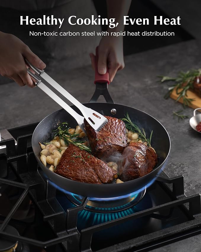Carbon Steel Pan, 12 Inch Nonstick Frying Pan Skillet with Lid | Pre-Seasoned Carbon Steel Cookware with Removable Silicone Handle Holder, Indoor/Outdoor, Induction & Oven Safe - Image 3