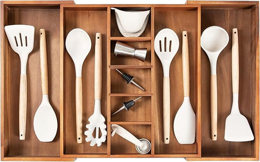 Utensil & Junk Drawer Organizer, 16-28 in, Acacia | Food-safe contract grade, 100% sustainable wood, non-slip, adjustable by KitchenEdge