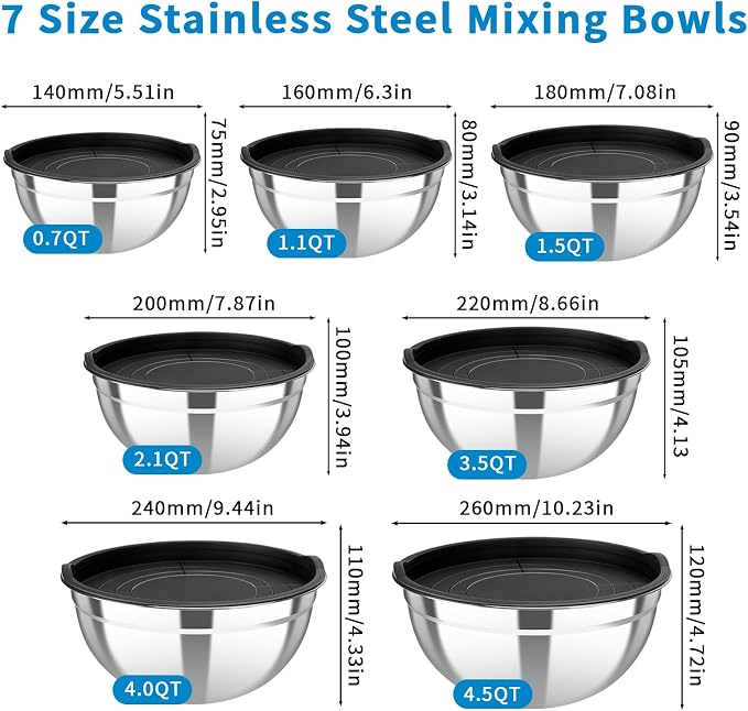 7 Pack Stainless Steel Mixing Bowls with Airtight Lids Set | 4.5qt, 4, 3.5, 2.1, 1.5, 1.1, 0.7QT, Nesting Design Metal Mixing Bowls Salad Bowl for Mixing, Prepping and Serving Food - Image 2
