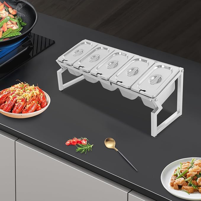 Expandable Stainless Steel Spice Rack Set,13.98"-41.3" Adjustable Countertop Seasoning Containers, Inclined Organizer Shelf w/ 5 1/9 Pans for Sauce Ingredients Fruits Toppings (5 Pans) - Image 2