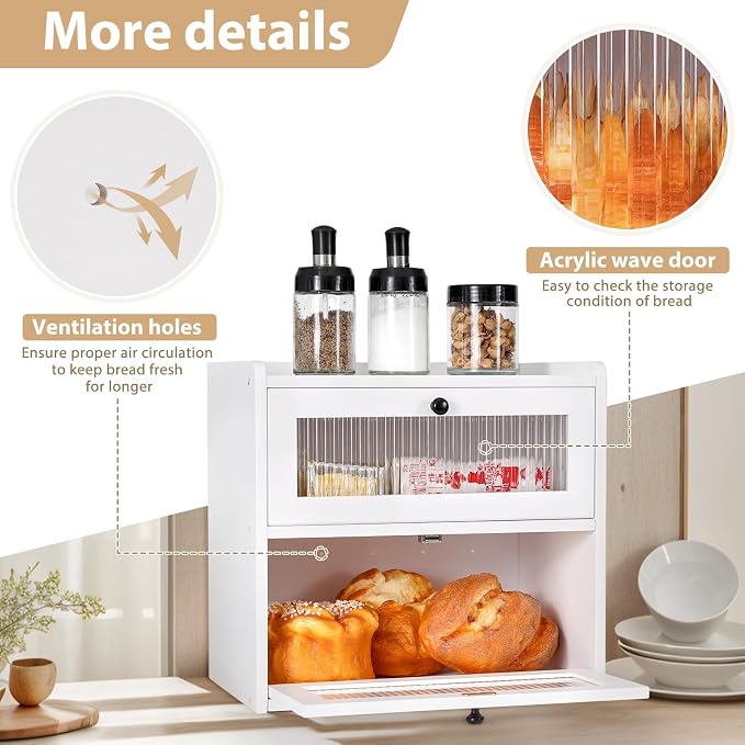 Sunhoo Bread Box for Kitchen Countertop Wooden Bread Storage Container Bin 2 Layer Breadbox Holder Large Capacity Keeper Vintage Farmhouse Food Organizer Pantry Shelf Acrylic Window (White) - Image 2