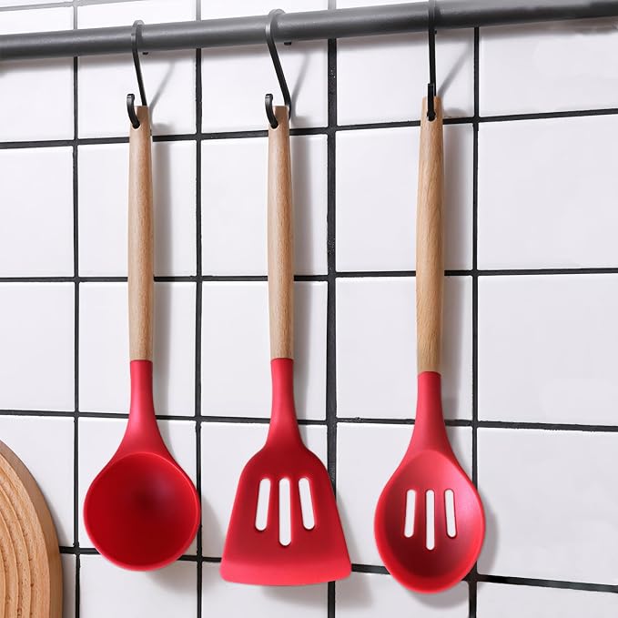 Silicone Cooking Utensils Set 5Pcs Non-Stick Silicone Kitchen Utensils for Cooking, Heat Resistant Kitchen Gadgets Spatula Spoon Turner Set with Wooden Handles for Non-Stick Cookware BPA Free - Image 8