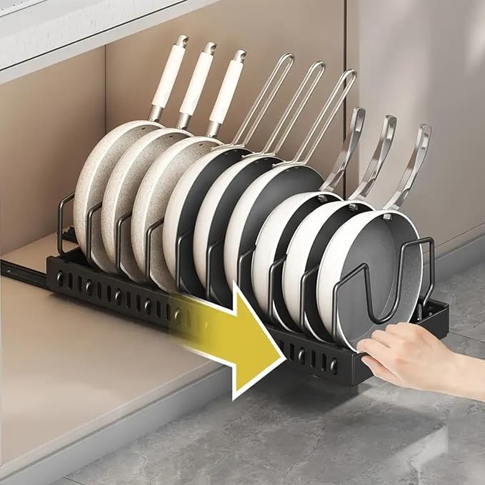AmoiChic 2 Pack Pull Out Cabinet Organizer for Pots and Pans, Black Storage Rack with 8 Adjustable Dividers, Kitchen Cabinet Organizer for Pot Lids, Bakeware, Dishes Storage - Image 2