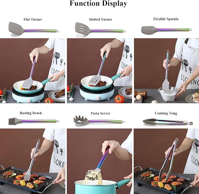38 Piece Silicone kitchen Cooking Utensils Set with Utensil Crocks, Silicone Head and Stainless Steel Handle Cookware, Kitchen Tools for Utensil Set, Non-Stick kitchen Gadgets,Dishwasher Safe(Rainbow) - Image 5