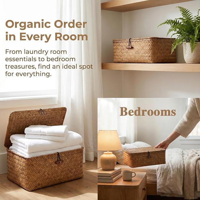 Wicker Basket With Lid Set of 5,Decorative Boxes with Lids Flat Storage Bins,Multipurpose Seagrass Storage Baskets,Wicker Basket With Lid Woven Organizer Baskets for Shelf, Closet, Bedroom - Image 6