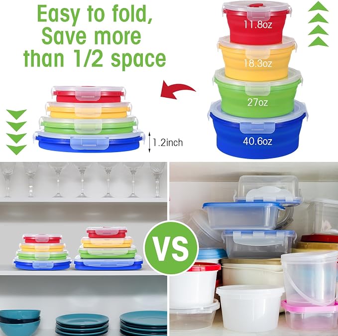 Yaomiao 16 Pack Collapsible Food Storage Containers with Lid Air Vent Foldable 8 Rectangle Storage Bowl and 8 Round Silicone Food Bow for Lunch Camping Rv Accessories Microwave Freezer(Bright Colors) - Image 5
